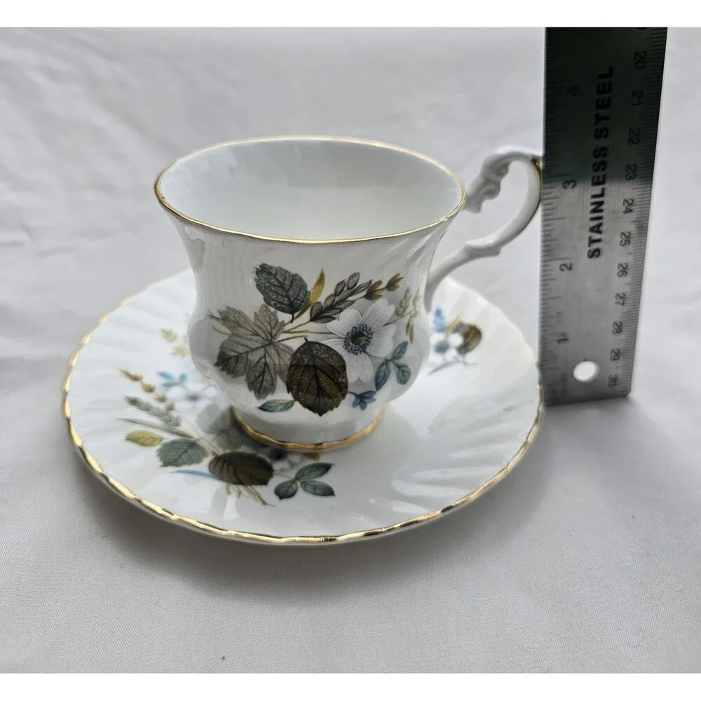 Royal Dover Bone China Floral Leaves Wheat Gold Trim Teacup Saucer Set